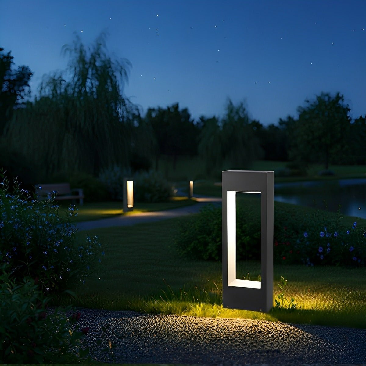 Hollow Square Waterproof LED Black Modern Outdoor Lawn Light Post Lights